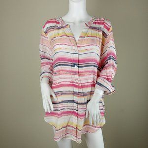 Hope & Harlow Women's Button Front Shirt Size XL Pink Multi Stripes Roll Tabs